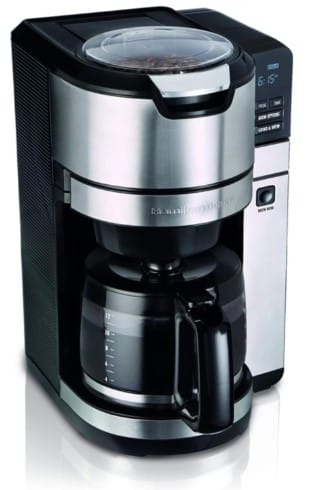 Hamilton Beach Programmable Coffee Maker with Built-In Auto-Rinsing Beans Grinder and Glass Carafe, 12 Cups, Black (45505)