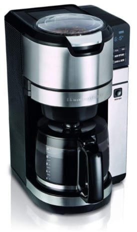 Hamilton Beach Programmable Coffee Maker with Built-In Auto-Rinsing Beans Grinder and Glass Carafe, 12 Cups, Black