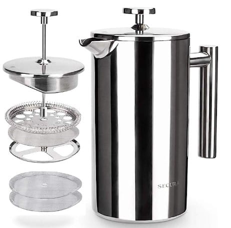 Secura French Press Coffee Maker, 304 Grade Stainless Steel Insulated Coffee Press with 2 Extra Screens, 34oz (1 Litre), Silver